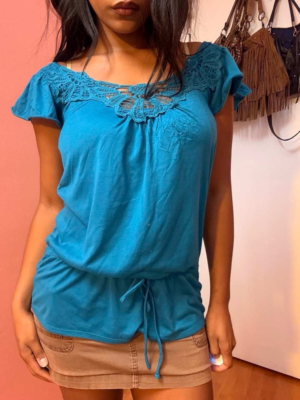 Vintage Teal fairy Lace blouse with tie waist